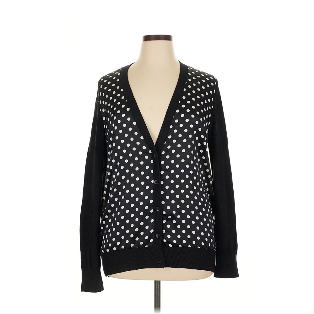 Michael Kors Womens XL Black Polka Dot V-Neck Cardigan‎ Sweater Preppy Classic